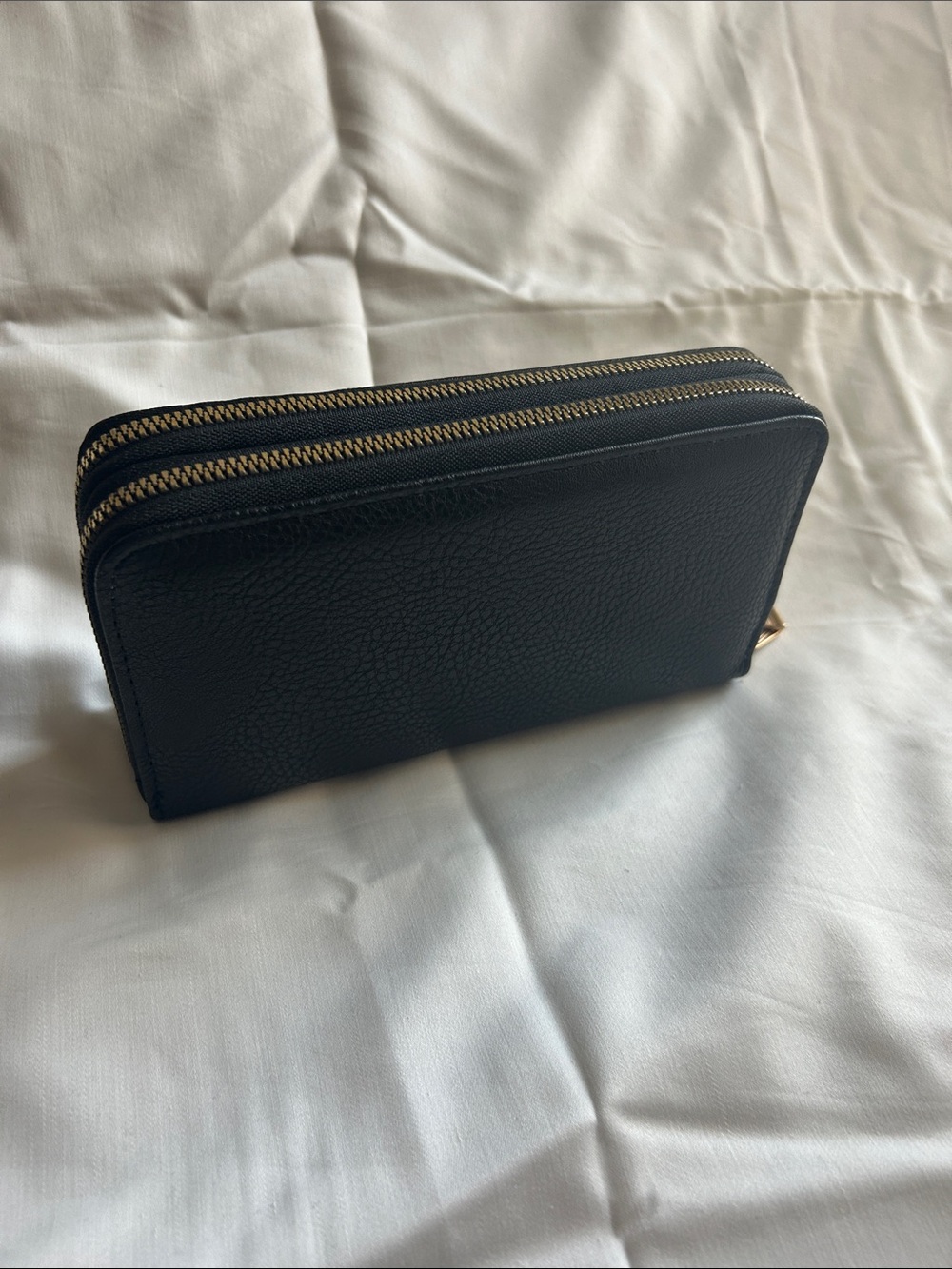 Double Zip Black Leather Wallet with Gold Hardware